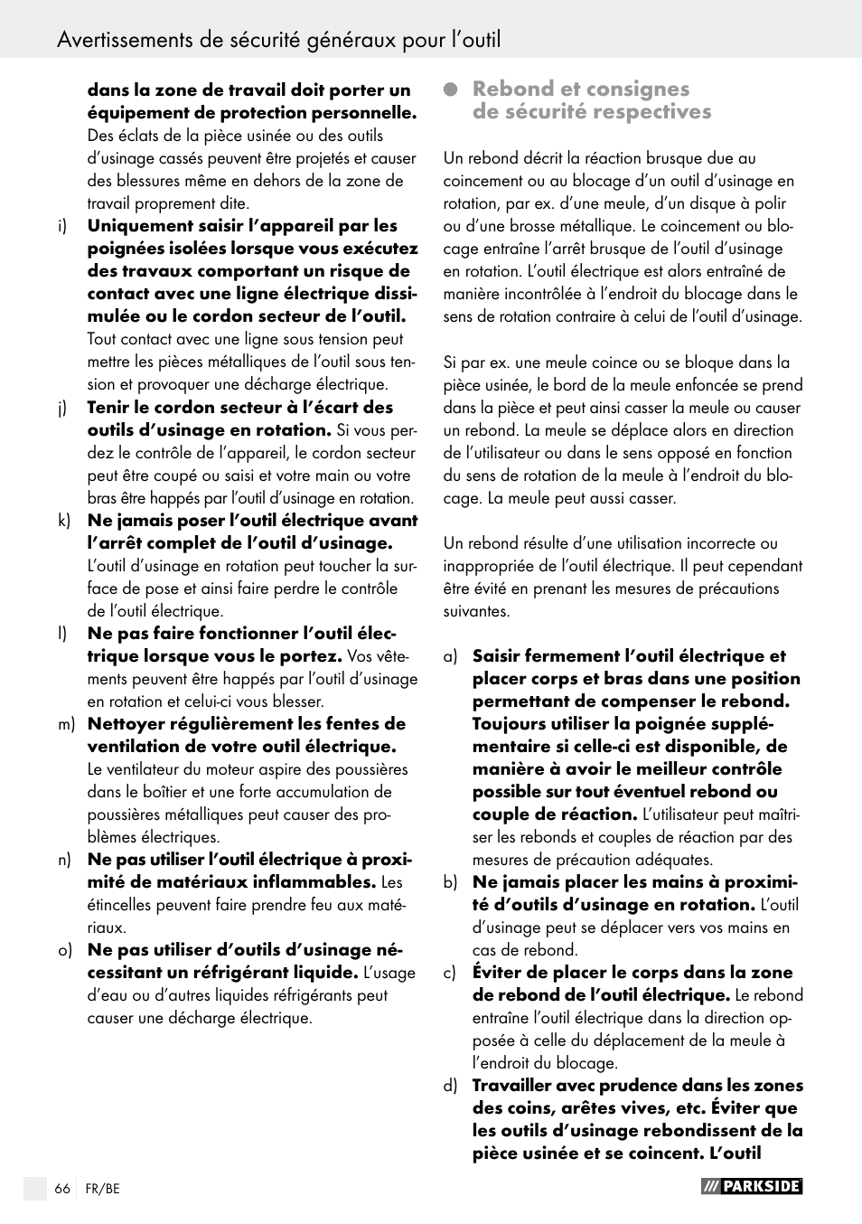 Avertissements de sécurité généraux pour l’outil, Rebond et consignes de sécurité respectives | Parkside PWS 125 A1 User Manual | Page 66 / 108