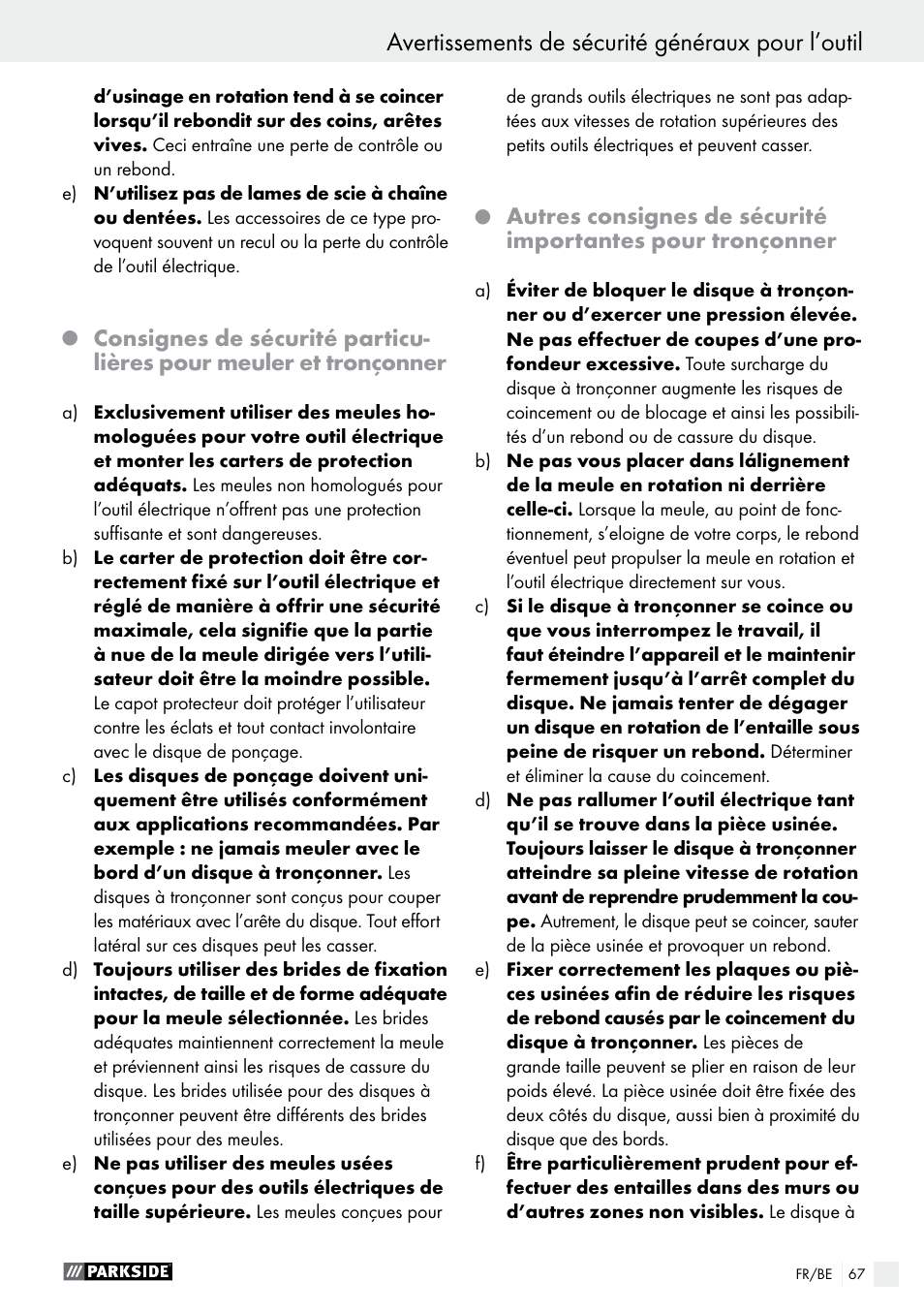 Avertissements de sécurité généraux pour l’outil | Parkside PWS 125 A1 User Manual | Page 67 / 108