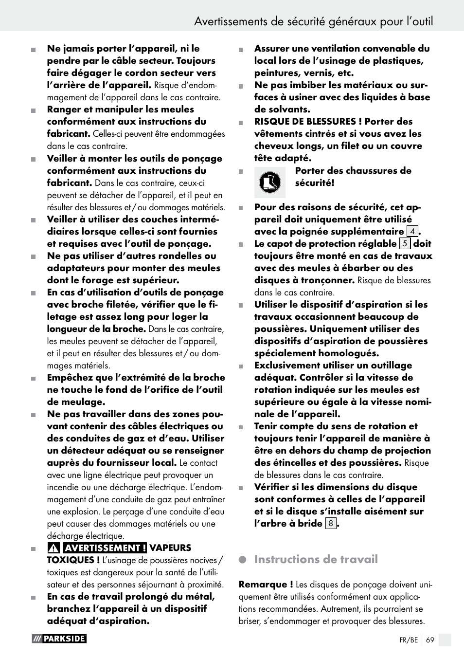 Avertissements de sécurité généraux pour l’outil, Instructions de travail | Parkside PWS 125 A1 User Manual | Page 69 / 108