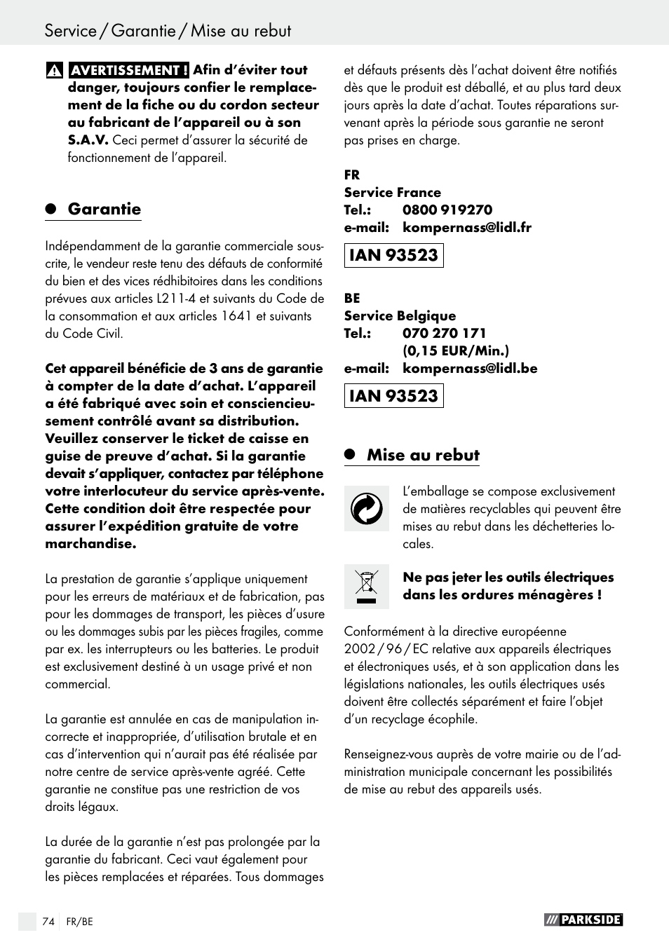 Garantie, Mise au rebut | Parkside PWS 125 A1 User Manual | Page 74 / 108