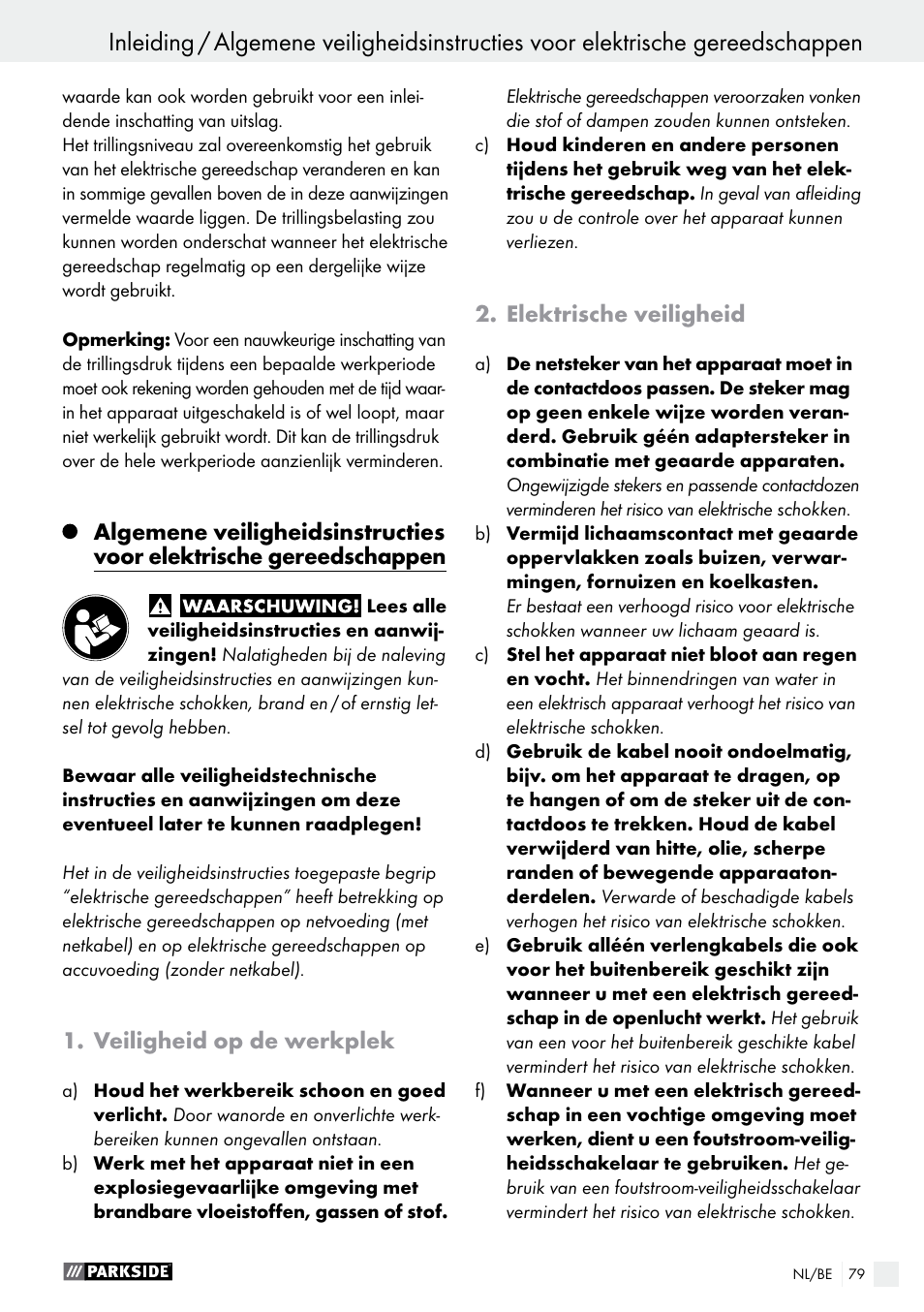Veiligheid op de werkplek, Elektrische veiligheid | Parkside PWS 125 A1 User Manual | Page 79 / 108