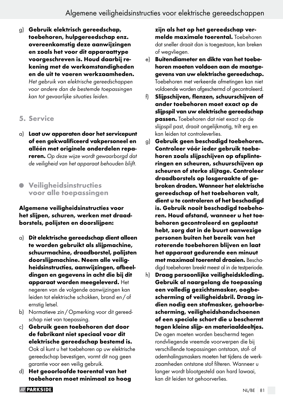 Service, Veiligheidsinstructies voor alle toepassingen | Parkside PWS 125 A1 User Manual | Page 81 / 108