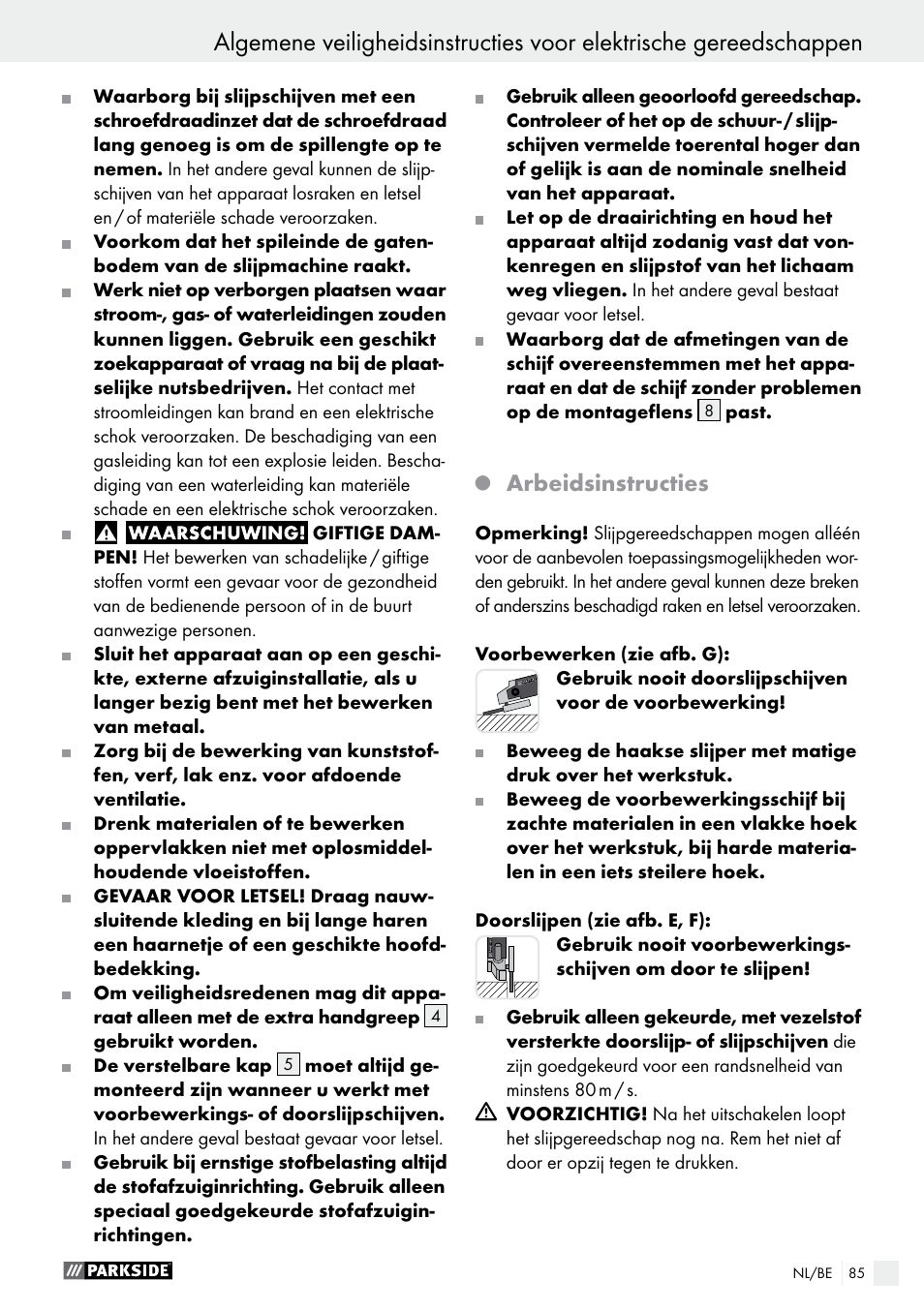 Arbeidsinstructies | Parkside PWS 125 A1 User Manual | Page 85 / 108