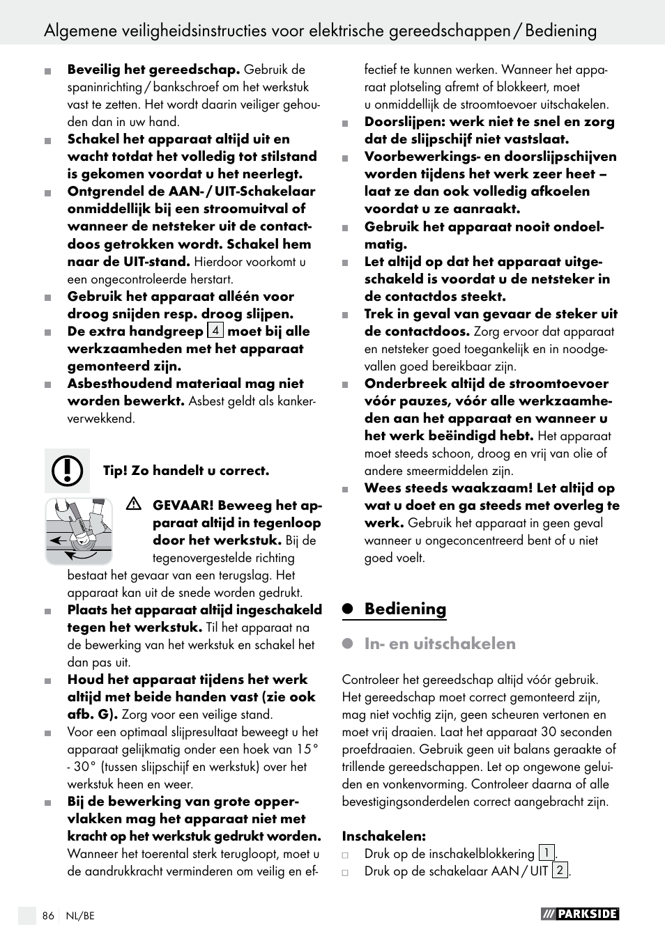 Bediening, In- en uitschakelen | Parkside PWS 125 A1 User Manual | Page 86 / 108