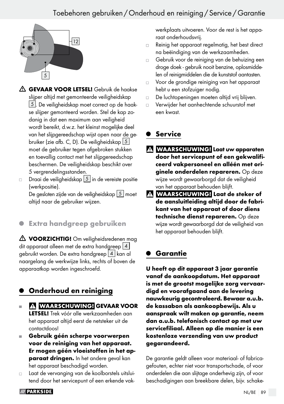 Extra handgreep gebruiken, Onderhoud en reiniging, Service | Garantie | Parkside PWS 125 A1 User Manual | Page 89 / 108