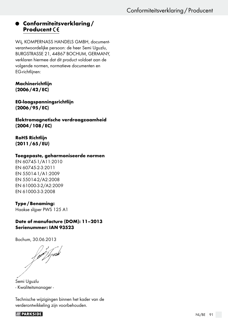 Conformiteitsverklaring / producent, Garantie / afvoer | Parkside PWS 125 A1 User Manual | Page 91 / 108