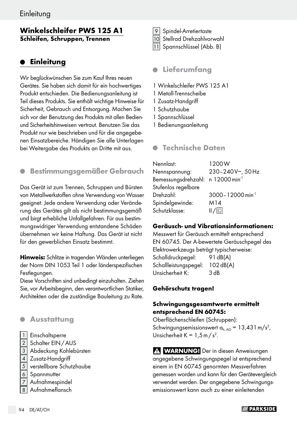 Einleitung, Winkelschleifer pws 125 a1, Bestimmungsgemäßer gebrauch | Ausstattung, Lieferumfang, Technische daten | Parkside PWS 125 A1 User Manual | Page 94 / 108