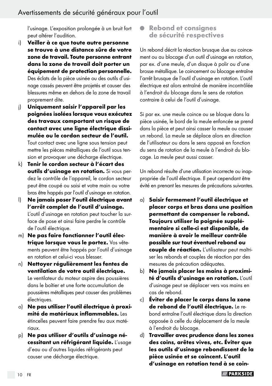 Avertissements de sécurité généraux pour l’outil, Rebond et consignes de sécurité respectives | Parkside PWS 230 A1 User Manual | Page 10 / 46