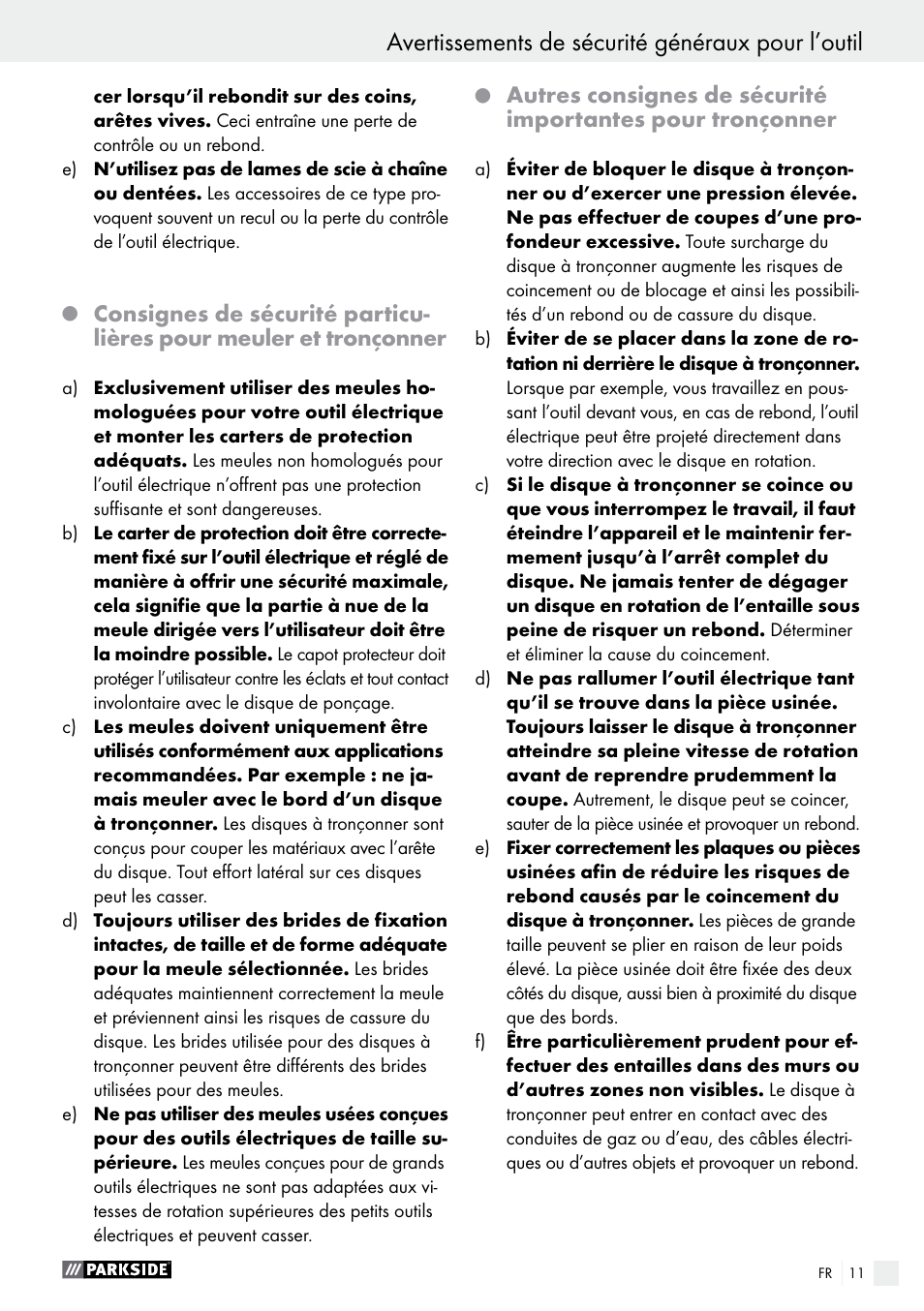 Avertissements de sécurité généraux pour l’outil | Parkside PWS 230 A1 User Manual | Page 11 / 46