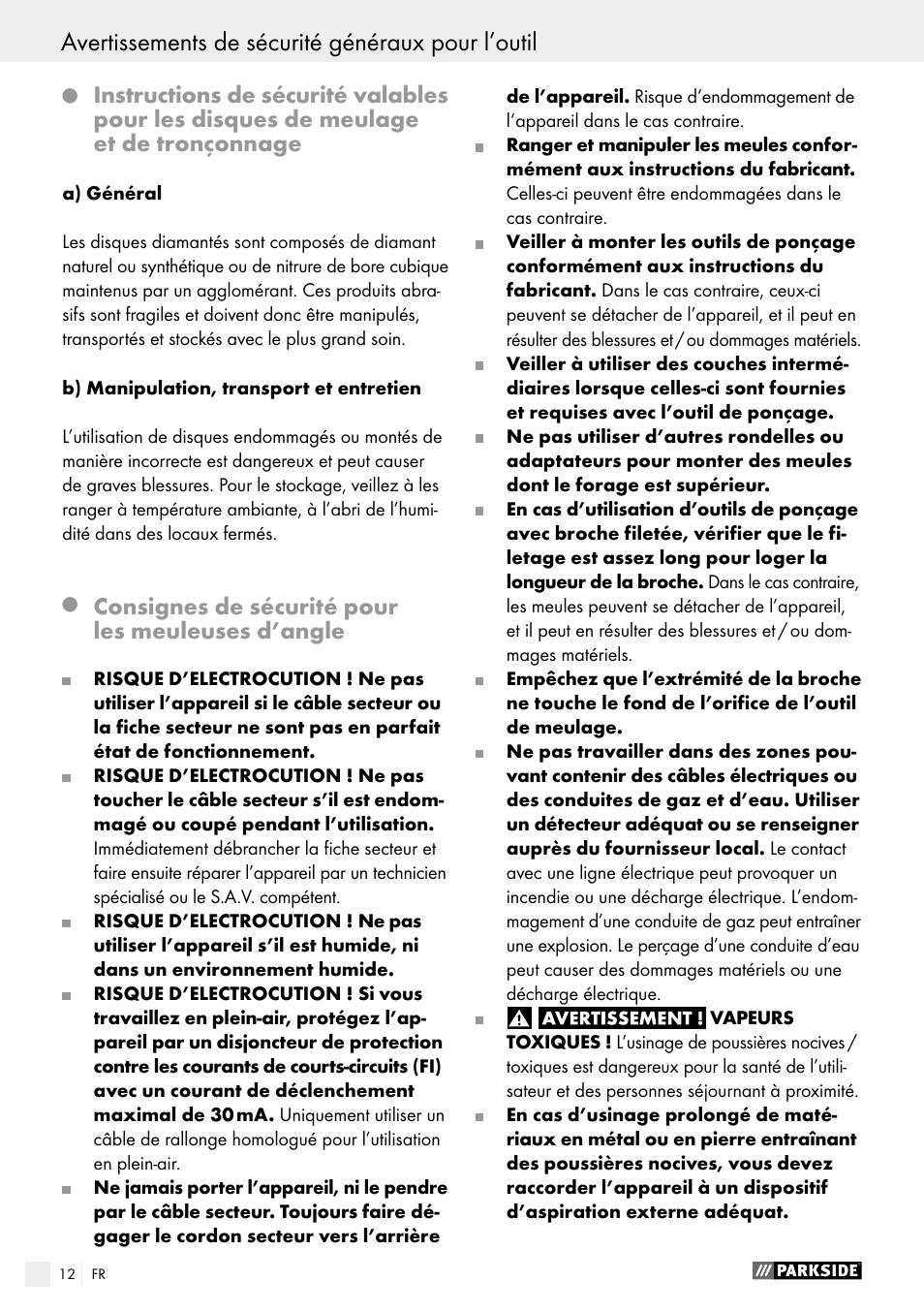 Avertissements de sécurité généraux pour l’outil | Parkside PWS 230 A1 User Manual | Page 12 / 46