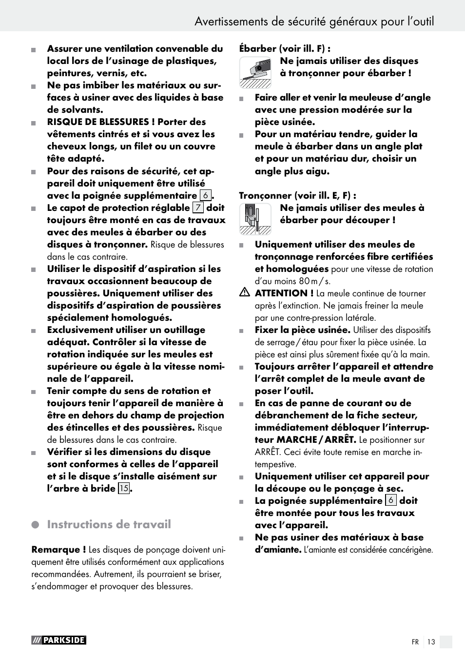 Avertissements de sécurité généraux pour l’outil, Instructions de travail | Parkside PWS 230 A1 User Manual | Page 13 / 46