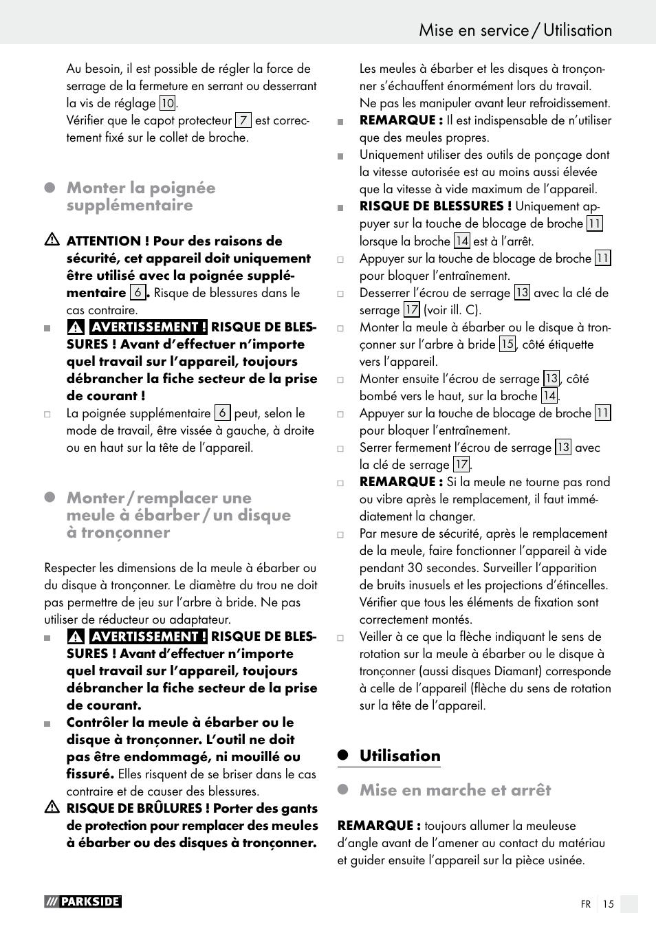 Monter la poignée supplémentaire, Utilisation, Mise en marche et arrêt | Parkside PWS 230 A1 User Manual | Page 15 / 46