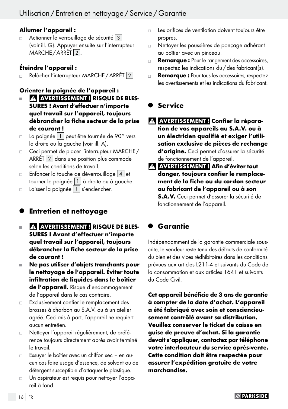 Entretien et nettoyage, Service, Garantie | Parkside PWS 230 A1 User Manual | Page 16 / 46