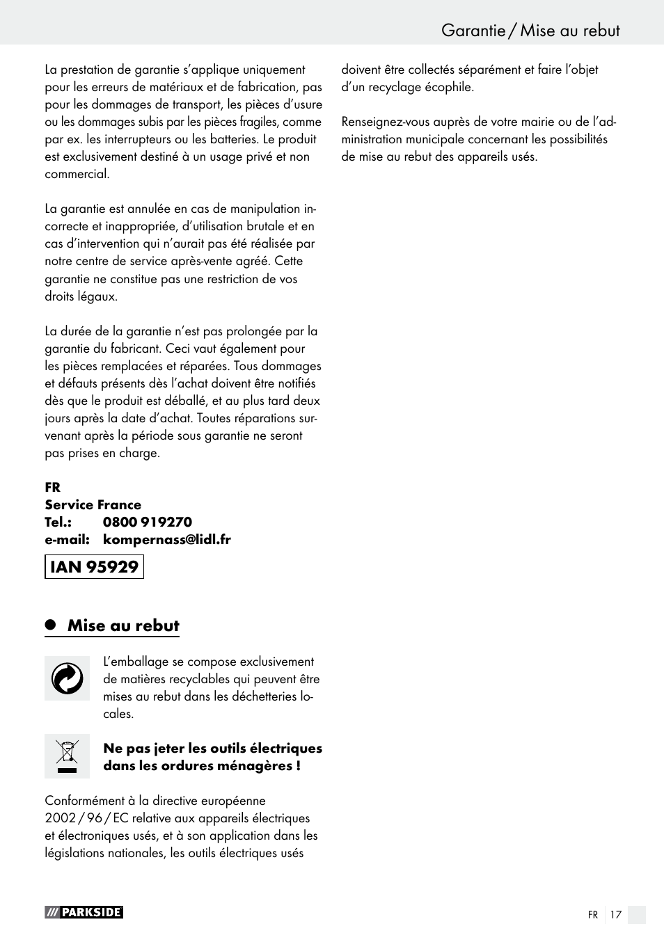 Mise au rebut | Parkside PWS 230 A1 User Manual | Page 17 / 46