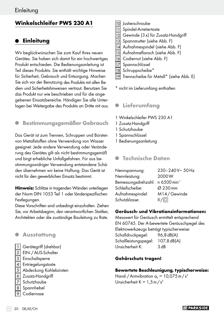 Winkelschleifer pws 230 a1, Einleitung, Bestimmungsgemäßer gebrauch | Ausstattung, Lieferumfang, Technische daten | Parkside PWS 230 A1 User Manual | Page 20 / 46