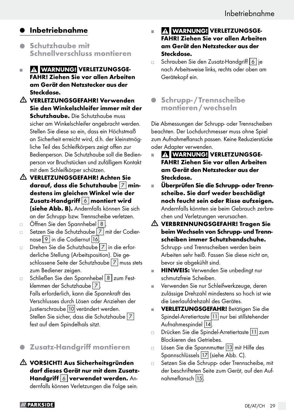 Inbetriebnahme, Schutzhaube mit schnellverschluss montieren, Zusatz-handgriff montieren | Schrupp- / trennscheibe montieren / wechseln | Parkside PWS 230 A1 User Manual | Page 29 / 46