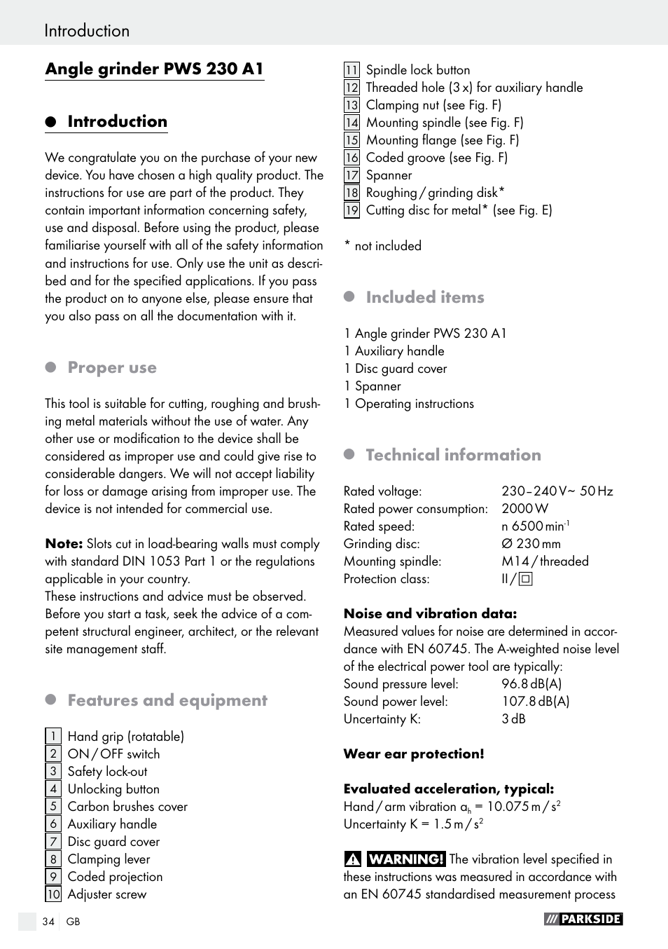 Angle grinder pws 230 a1, Introduction, Proper use | Features and equipment, Included items, Technical information | Parkside PWS 230 A1 User Manual | Page 34 / 46