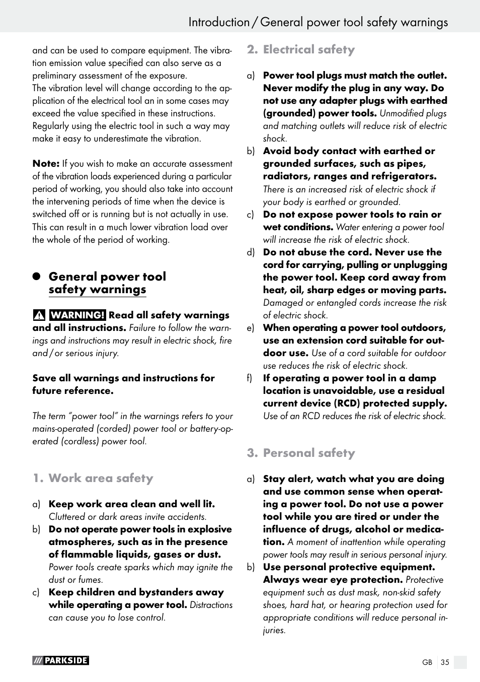 General power tool safety warnings, Work area safety, Electrical safety | Personal safety | Parkside PWS 230 A1 User Manual | Page 35 / 46