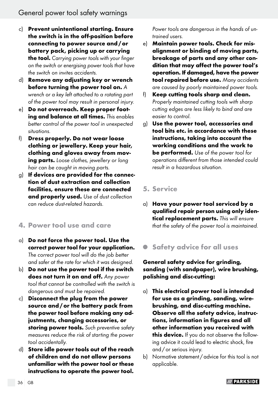 General power tool safety warnings, Power tool use and care, Service | Safety advice for all uses | Parkside PWS 230 A1 User Manual | Page 36 / 46