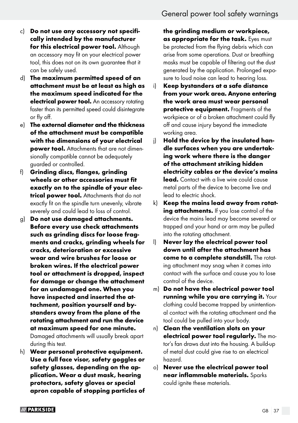General power tool safety warnings | Parkside PWS 230 A1 User Manual | Page 37 / 46