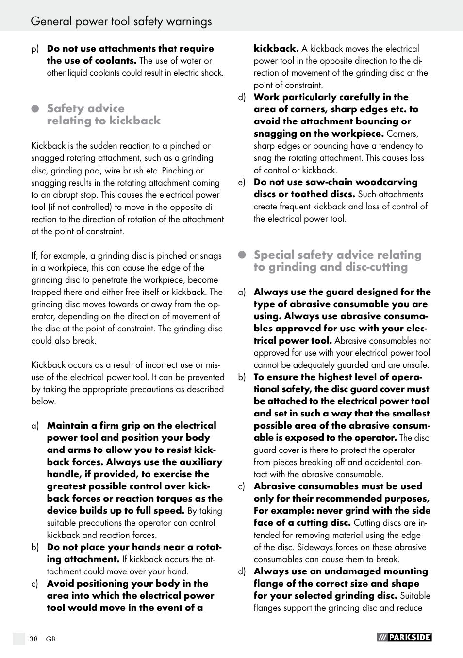 General power tool safety warnings, Safety advice relating to kickback | Parkside PWS 230 A1 User Manual | Page 38 / 46