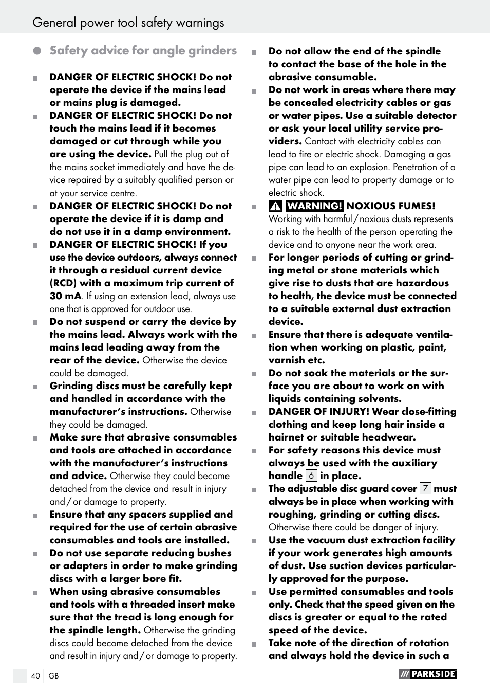 General power tool safety warnings, Safety advice for angle grinders | Parkside PWS 230 A1 User Manual | Page 40 / 46