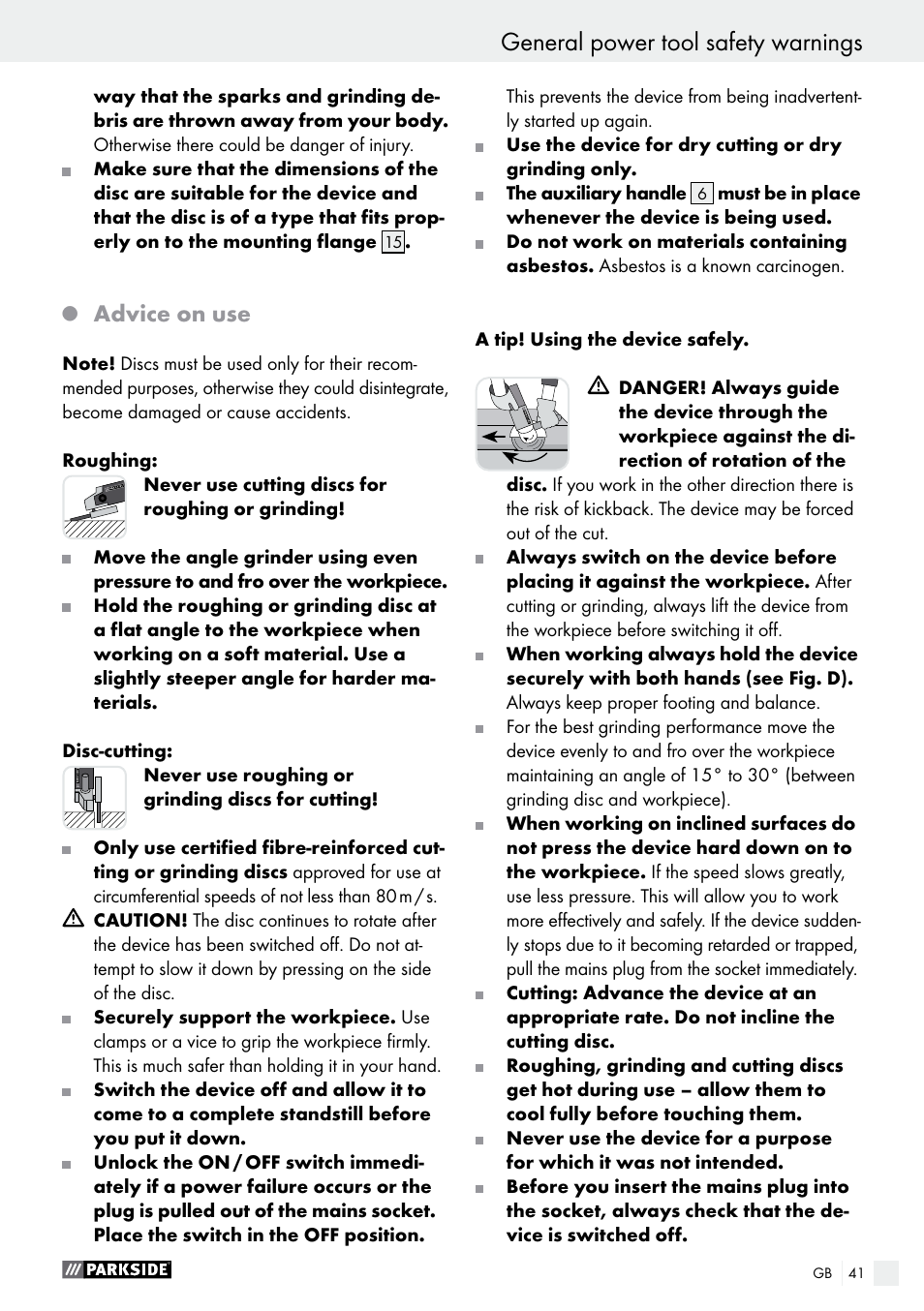 General power tool safety warnings, Advice on use | Parkside PWS 230 A1 User Manual | Page 41 / 46