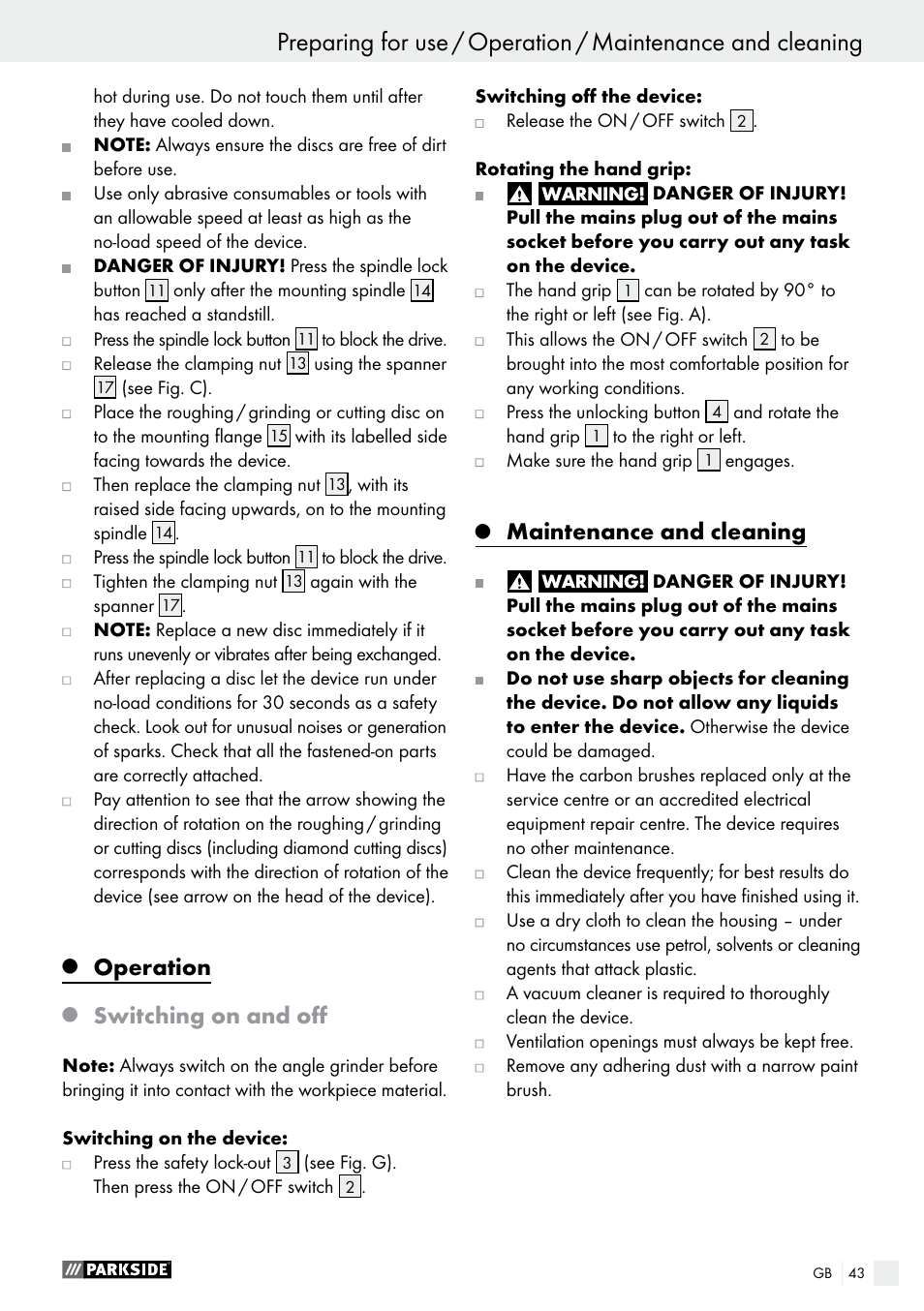 Operation, Switching on and off, Maintenance and cleaning | Parkside PWS 230 A1 User Manual | Page 43 / 46