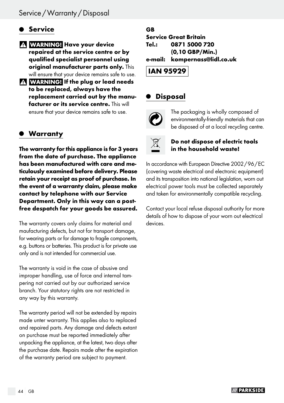 Service, Warranty, Disposal | Parkside PWS 230 A1 User Manual | Page 44 / 46