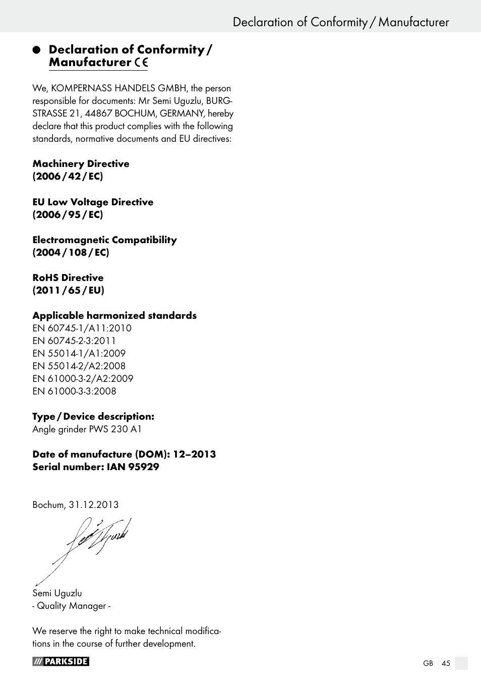Parkside PWS 230 A1 User Manual | Page 45 / 46