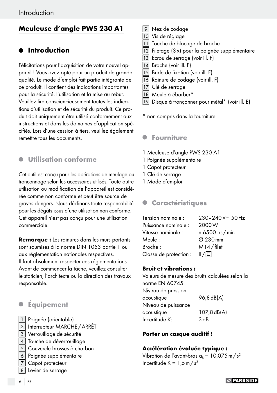 Meuleuse d’angle pws 230 a1, Introduction, Utilisation conforme | Équipement, Fourniture, Caractéristiques | Parkside PWS 230 A1 User Manual | Page 6 / 46