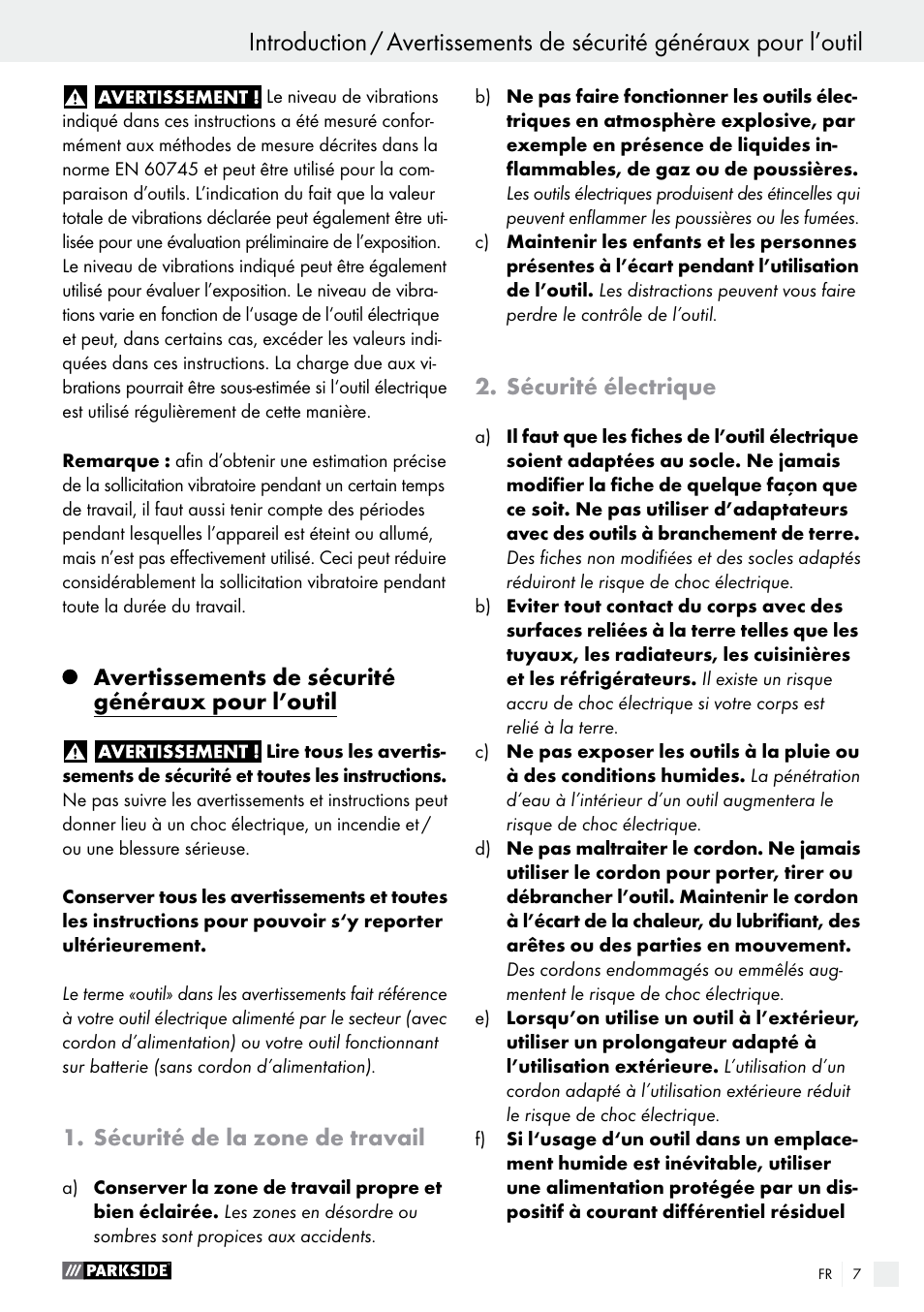 Avertissements de sécurité généraux pour l’outil, Sécurité de la zone de travail, Sécurité électrique | Parkside PWS 230 A1 User Manual | Page 7 / 46