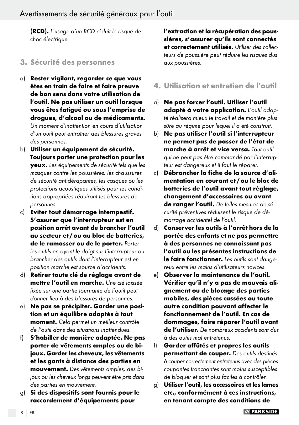 Avertissements de sécurité généraux pour l’outil, Sécurité des personnes, Utilisation et entretien de l’outil | Parkside PWS 230 A1 User Manual | Page 8 / 46