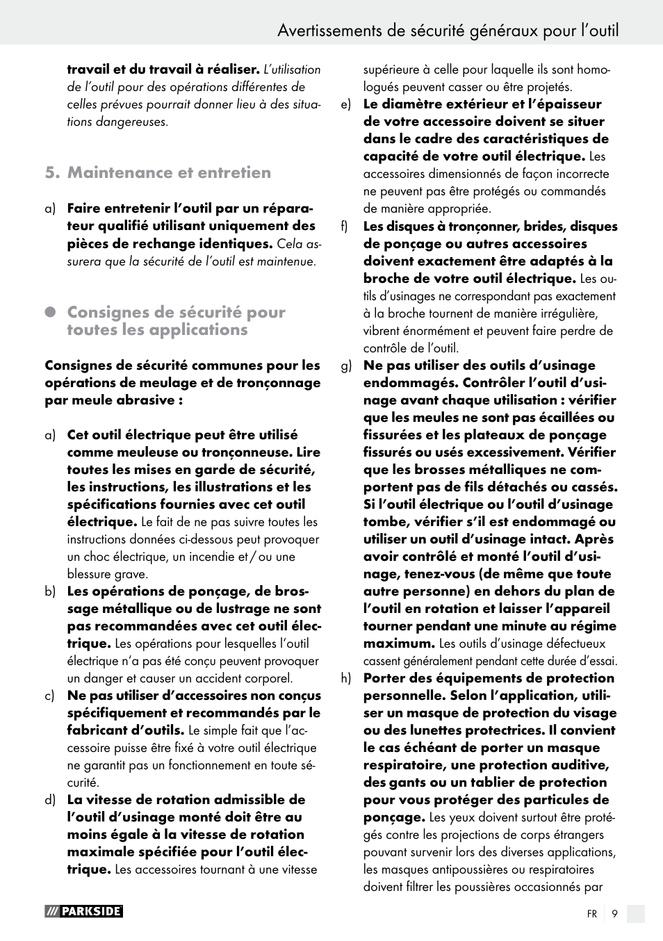 Avertissements de sécurité généraux pour l’outil, Maintenance et entretien, Consignes de sécurité pour toutes les applications | Parkside PWS 230 A1 User Manual | Page 9 / 46