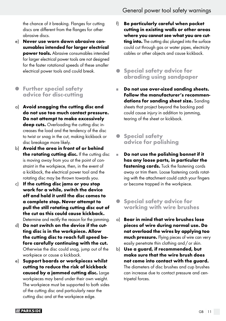 General power tool safety warnings, Further special safety advice for disc-cutting, Special safety advice for abrading using sandpaper | Special safety advice for polishing | Parkside PWS 230 A1 User Manual | Page 11 / 91