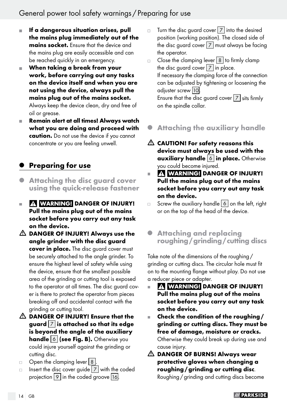 Preparing for use, Attaching the auxiliary handle | Parkside PWS 230 A1 User Manual | Page 14 / 91