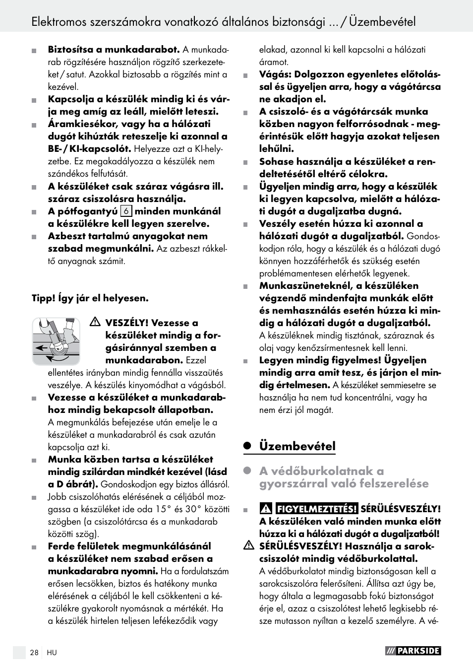 Üzembevétel, A védőburkolatnak a gyorszárral való felszerelése | Parkside PWS 230 A1 User Manual | Page 28 / 91