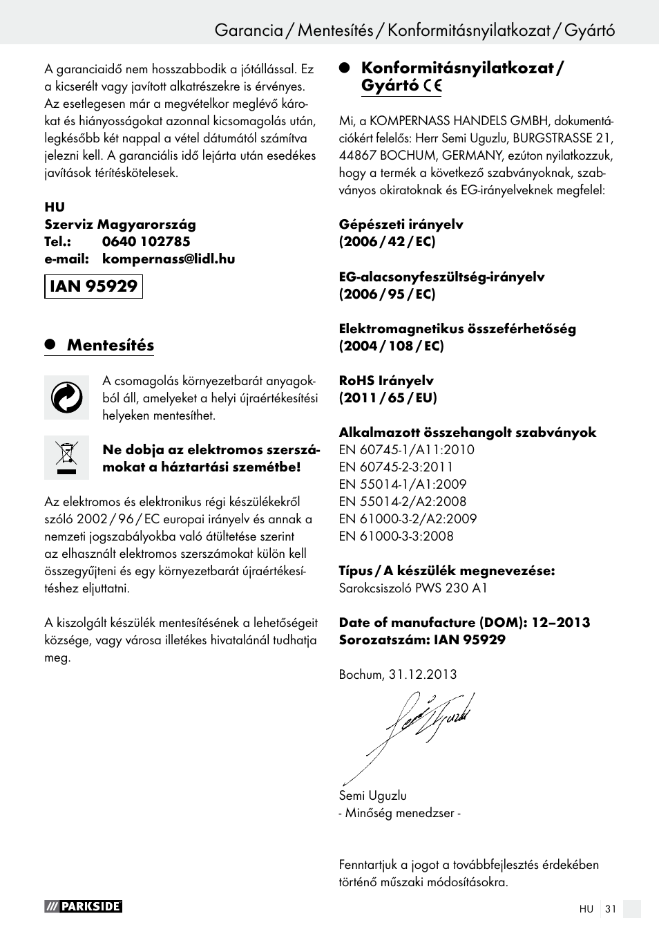 Mentesítés, Konformitásnyilatkozat / gyártó | Parkside PWS 230 A1 User Manual | Page 31 / 91