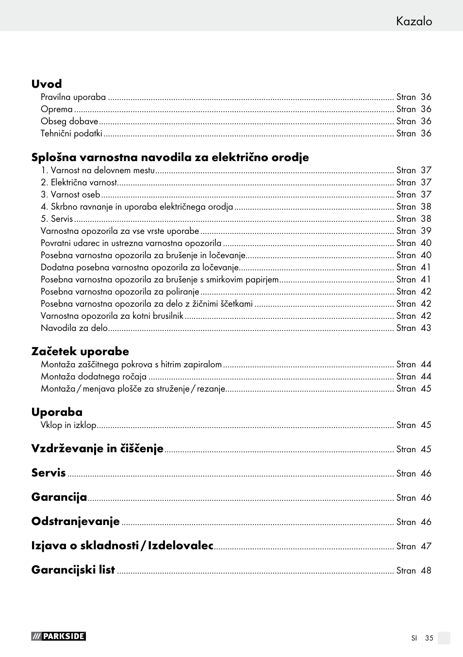 Kazalo | Parkside PWS 230 A1 User Manual | Page 35 / 91