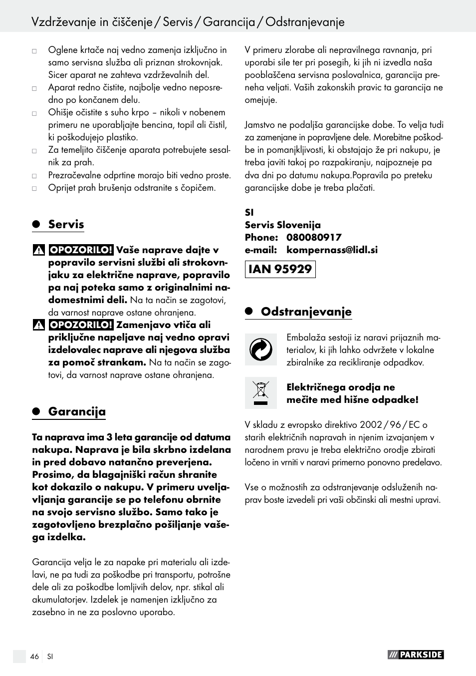 Servis, Garancija, Odstranjevanje | Parkside PWS 230 A1 User Manual | Page 46 / 91