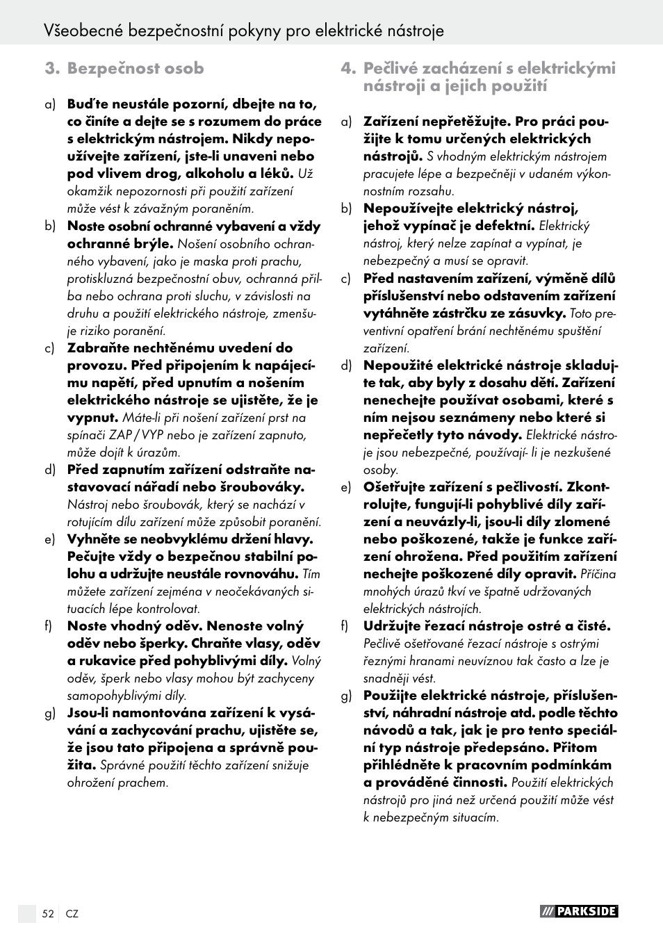 Bezpečnost osob | Parkside PWS 230 A1 User Manual | Page 52 / 91