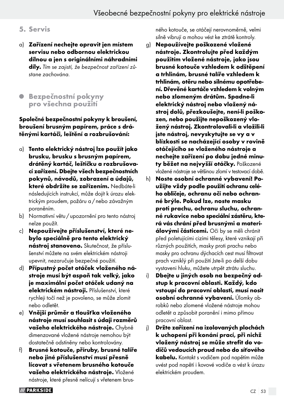 Servis, Bezpečnostní pokyny pro všechna použití | Parkside PWS 230 A1 User Manual | Page 53 / 91