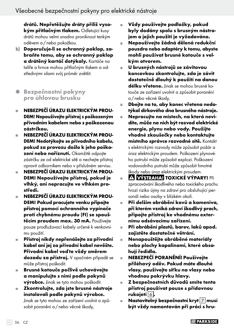 Bezpečnostní pokyny pro úhlovou brusku | Parkside PWS 230 A1 User Manual | Page 56 / 91