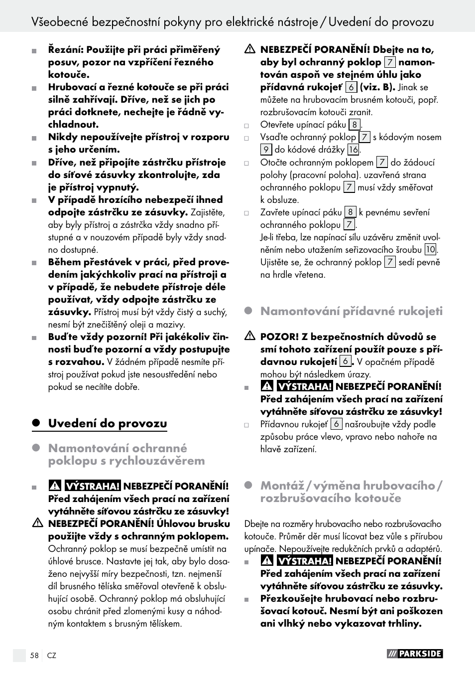 Uvedení do provozu / obsluha / údržba a čištění, Uvedení do provozu, Namontování ochranné poklopu s rychlouzávěrem | Namontování přídavné rukojeti | Parkside PWS 230 A1 User Manual | Page 58 / 91