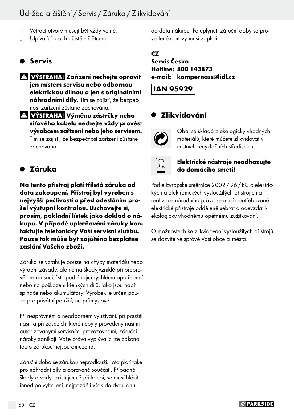 Údržba a čištění / servis / záruka / zlikvidování, Prohlášení o shodnosti / výrobce, Servis | Záruka, Zlikvidování | Parkside PWS 230 A1 User Manual | Page 60 / 91