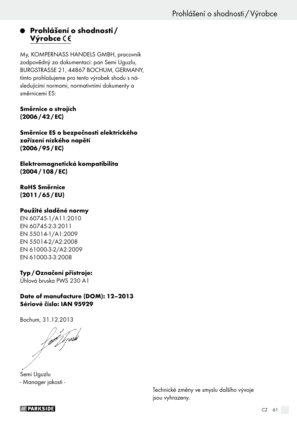 Prohlášení o shodnosti / výrobce | Parkside PWS 230 A1 User Manual | Page 61 / 91