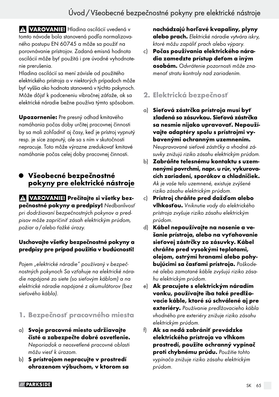 Bezpečnosť pracovného miesta, Elektrická bezpečnosť | Parkside PWS 230 A1 User Manual | Page 65 / 91