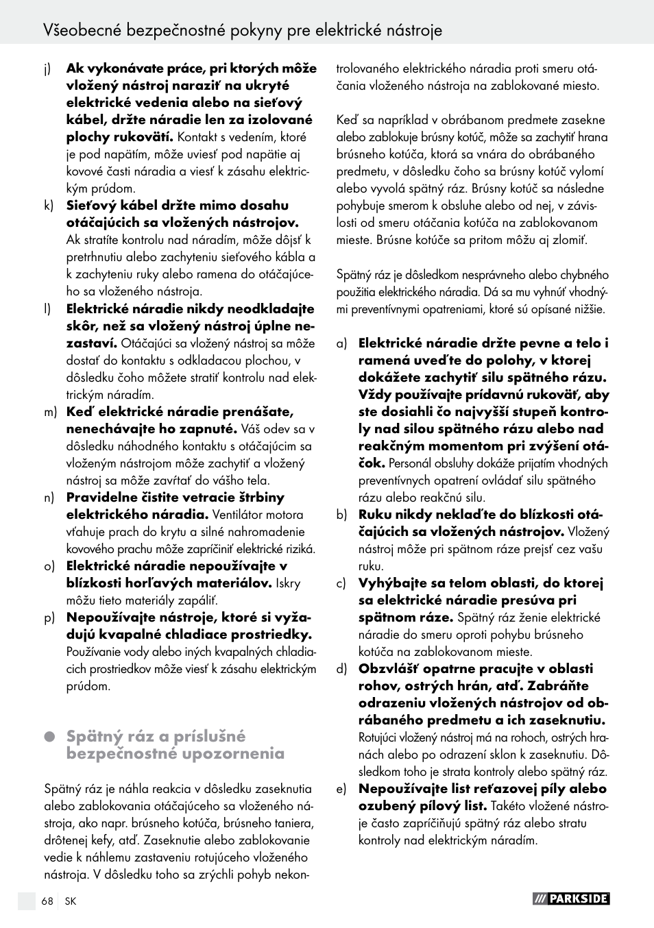 Spätný ráz a príslušné bezpečnostné upozornenia | Parkside PWS 230 A1 User Manual | Page 68 / 91