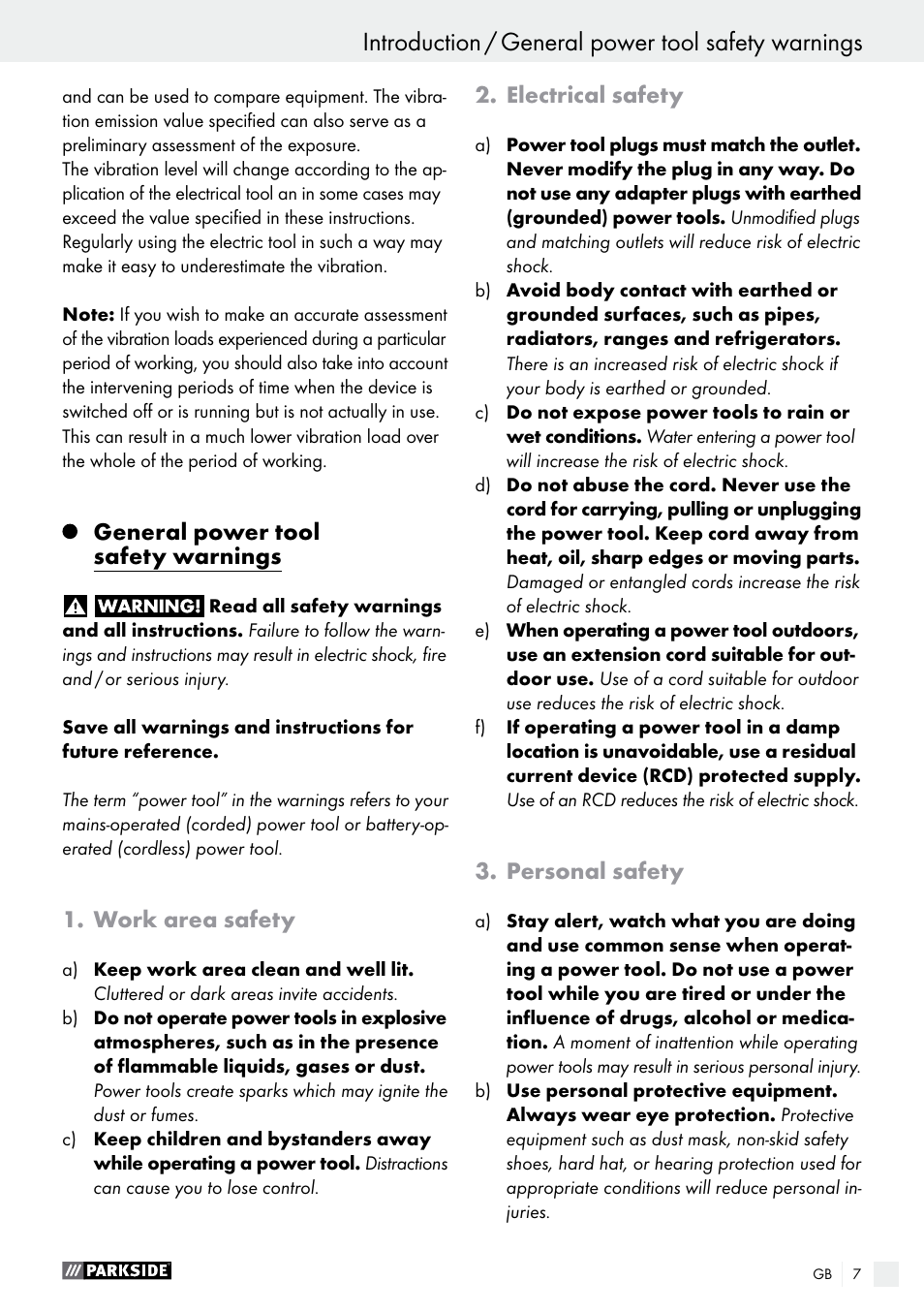 General power tool safety warnings, Work area safety, Electrical safety | Personal safety | Parkside PWS 230 A1 User Manual | Page 7 / 91