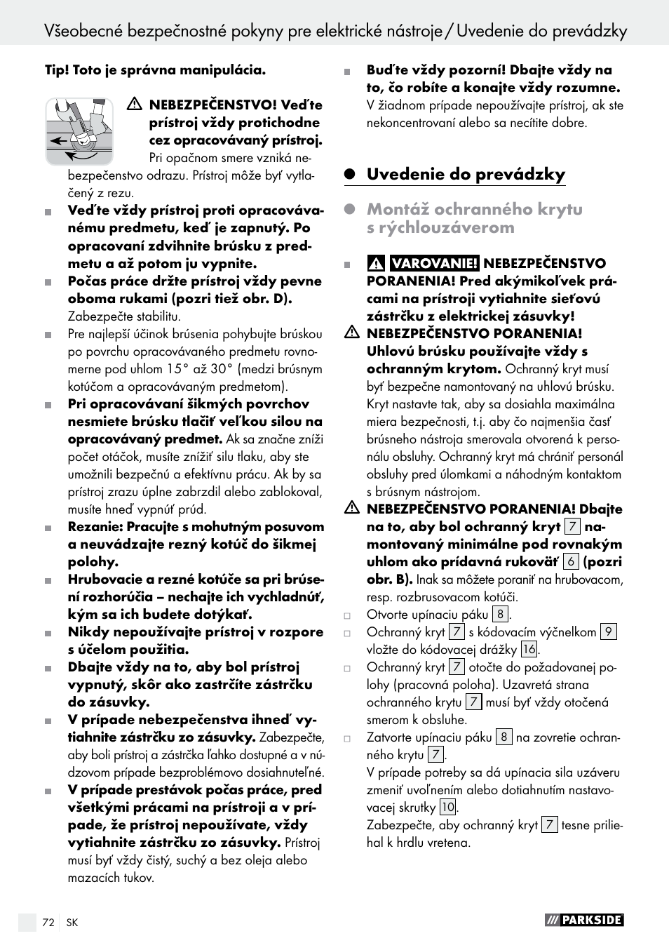 Uvedenie do prevádzky / obsluha, Uvedenie do prevádzky, Montáž ochranného krytu s rýchlouzáverom | Parkside PWS 230 A1 User Manual | Page 72 / 91